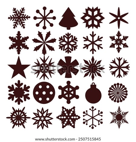 A collection of flat snowflake icons in a winter themed vector illustration. Perfect for adding a festive touch to your Christmas designs, these snowflake crystals are ideal for holiday decorations.