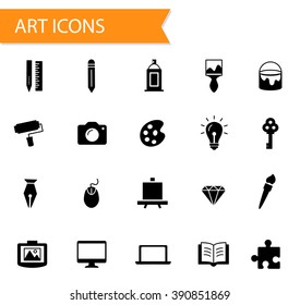 Collection of flat solid filled vector icons, art, design and graphics icon set in modern style, different artistic objects signs, material design