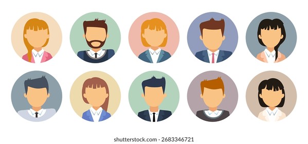Coleção de ícones de avatar de estilo plano de pessoas de negócios em círculos. Ilustração vetorial