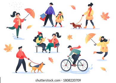 Collection of flat style characters on warm autumn day