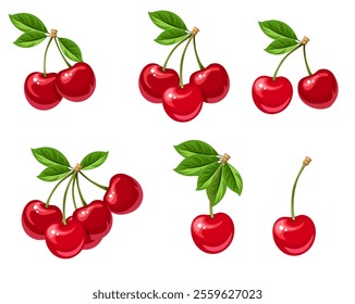 A collection of flat style cherries. Design elements. Vector illustration. EPS10