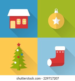 Collection of flat style Christmas icons with long shadow