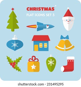 Collection of flat style Christmas icons with shadow