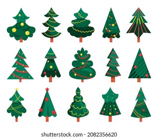 Collection of flat style Christmas trees isolated on a white background.