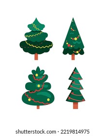 Collection of flat style Christmas trees isolated on a white background.