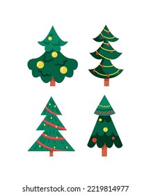 Collection of flat style Christmas trees isolated on a white background.