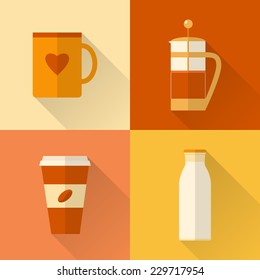 Collection of flat style coffee icons with long shadow