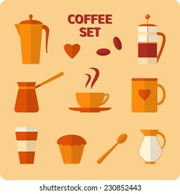 Collection of flat style coffee icons with shadow