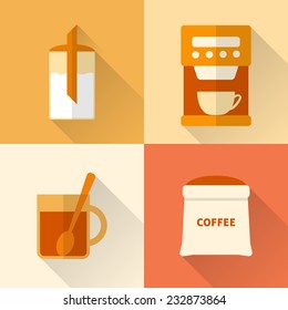 Collection of flat style coffee icons with long shadow