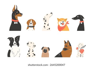 Collection of Flat Style Dog Portraits Featuring Various Breeds Including German Shepherd Doberman Dalmatian Whippet Akita Inu Border Collie Poodle Pug and Beagle