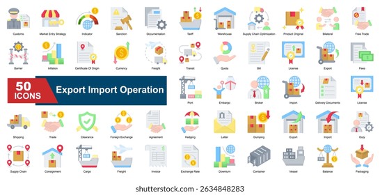 A collection of flat style Export Import Operation icons. Includes customs, market entry, tariffs, documentation, export, import, shipping, and more. Perfect for presentations, reports.