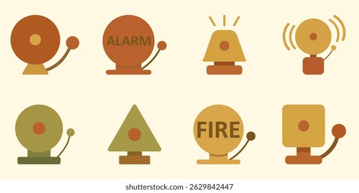 Collection of flat style fire alarm bell and emergency siren icons in warm color palette