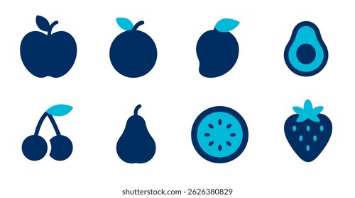Coleção de ícones de fruta de estilo plano Maçã, Laranja, Manga, Abacate, Cerejas, Pera, Kiwi, Morango