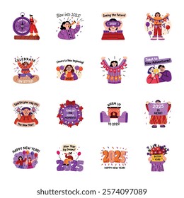 Collection of Flat Style Happy New Year Stickers 

