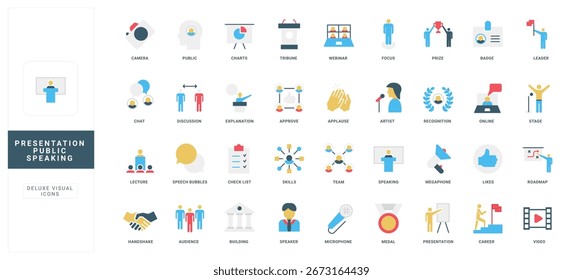 Coleção de ícones de estilo plano representando a linguagem pública, habilidades de apresentação, envolvimento do público, liderança, comunicação, trabalho em equipe e reconhecimento ilustração vetorial isolada