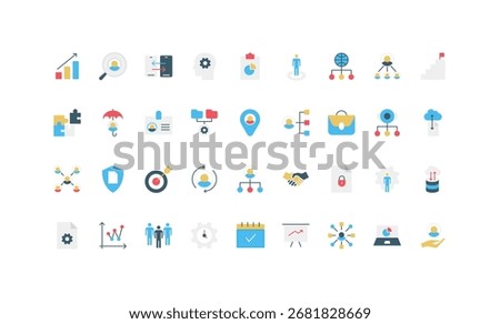 Collection of flat style icons representing organization management, teamwork, business structure, leadership, workflow, and analytics isolated vector illustration
