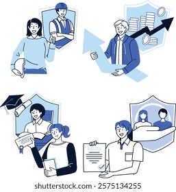 A collection of flat style illustrations showcasing various types of insurance with shield elements, including health, home, family, and more, designed for promotional