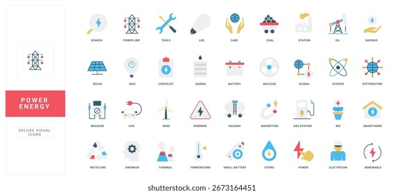 Colección de iconos de energía y energía de estilo plano con conceptos de electricidad, fuentes renovables, ciencia y tecnología, cada uno etiquetado para una Ilustración vectorial aislada de fácil Identificación