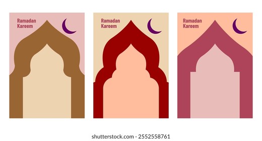collection of flat style Ramadan Mubarak . Greeting cards, backgrounds. Windows and arches with moon, mosque dome and lanterns .