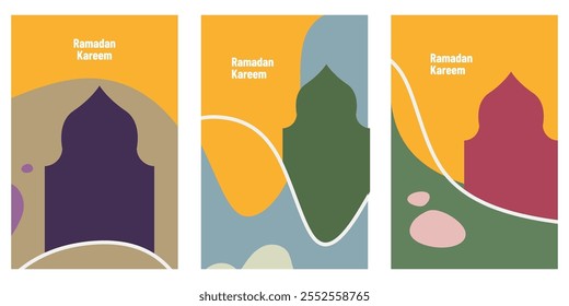 collection of flat style Ramadan Mubarak . Greeting cards, backgrounds. Windows and arches with moon, mosque dome and lanterns .