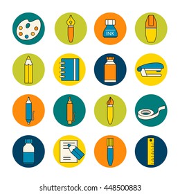 Collection of flat style stationery icons on colorful circle. Set of school and education equipment. Vector illustration