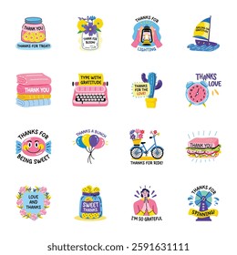Collection of Flat Style Thank You Stickers 

