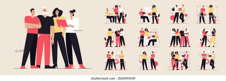 Collection of flat style vector illustrations depicting business people teamwork. Editable stroke.