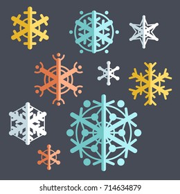 Collection of flat style vector snowflakes. Set of winter minimalistic icons.