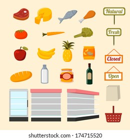 Collection of flat supermarket food items of fresh and natural vegetables fruits meat and dairy products isolated vector illustration