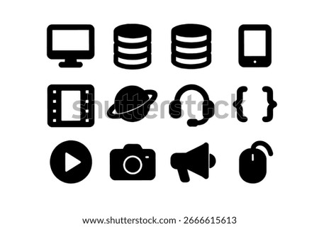 Collection of flat technology icons including computer, database, mobile, headset, coding, camera, play, and mouse. Perfect for digital, IT, web, and software design projects.