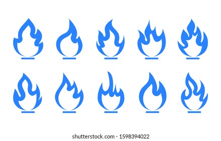 Collection of flat tongues 
of flame isolated on white background. Set gas pictogram icons. Blue fire. Vector illustration. 