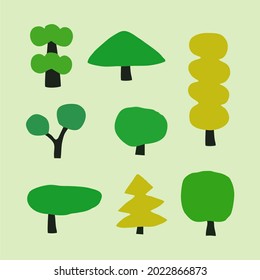 Collection of flat tree illustrations. Flat forest tree plant nature. Can be used to describe any nature or healthy lifestyle topic.

