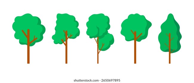 collection of flat tree illustrations with green foliage, perfect for nature, forest, or landscape design.