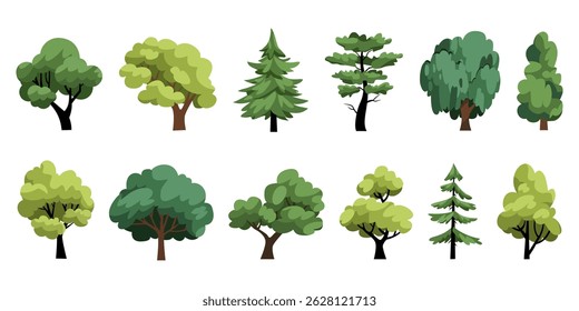 Collection of flat trees Icon simple style. Can be used to illustrate any nature or healthy lifestyle topic.