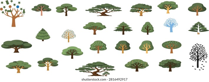 Collection of flat trees with various shapes, foliage densities, and branching patterns