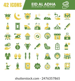 A collection of flat two color icons celebrating Eid al-Adha, featuring symbols like sheep, mosques, and crescent moons. Perfect for digital and print media.