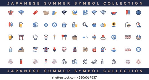 A collection of flat two-color icons representing Japanese summer symbols set against a white background. Includes imagery like fans food