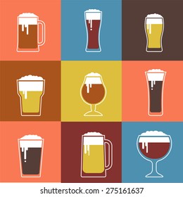 Collection of flat vector Beer glasses. Icons and illustrations