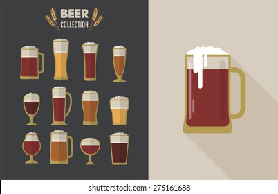 Collection of flat vector Beer glasses. Icons and illustrations