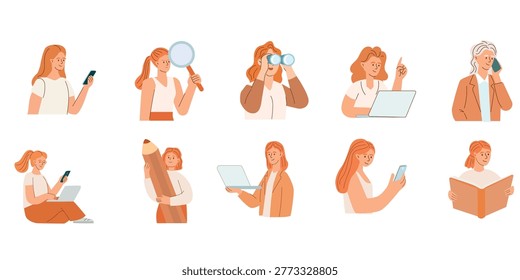 Collection of flat vector female characters in various poses and actions, useful for design and storytelling.
