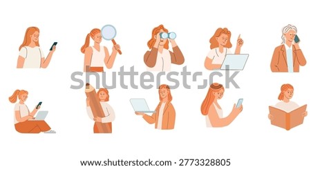 Collection of flat vector female characters in various poses and actions, useful for design and storytelling.