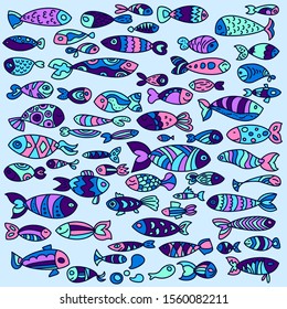 Collection of flat vector fish in blue tones. Elements for design.