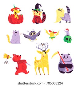 Collection of flat vector halloween funny animals isolated on white background. Funny spooky characters in costumes. Good for party invitation, flyer, poster, packaging designs.