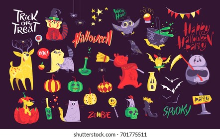 Collection of flat vector halloween traditional decoration elements isolated on dark background. Funny spooky animals in costumes. Good for party invitation, flyer, poster, packaging designs.
