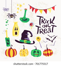 Collection of flat vector halloween traditional decoration elements isolated on white background. Bottles with faces, colored pumpkins, spiders, bat. Party invitation, flyer, poster, packaging design.