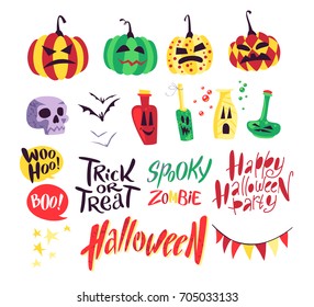 Collection of flat vector halloween traditional decoration elements isolated on white background. Cartoon style. Good for party invitation, flyer, poster, packaging designs.