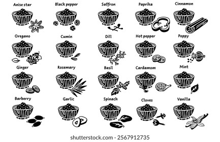A collection of flat vector herbs and spices in black silhouettes in a crushed state in a plate next to the item. A variety of herbs, seeds, vegetables for different taste preferences. Sliced pieces