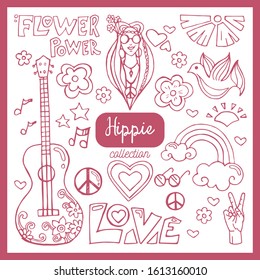 Collection of flat vector hippie elements, flower power in pink color.