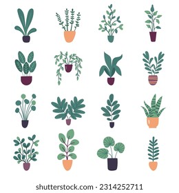 Colección de plantas de vectores planos aisladas en fondo blanco