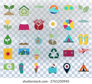 A collection of flat vector icons arranged in a grid on a transparent checkerboard background. The icons represent themes of nature, ecology, summer, and travel. Visible elements include various plants, a sprout in soil, a house with a recycle symbol, ocean waves, swimming goggles, leaves, a yellow tulip, a pink dessert, a red rose, a white daisy, a colorful beach ball, a cloud, a green water drop with a leaf, a tea bag, a seed in a glass, a small sprout, a pink and teal tent, yellow flip flops, a yellow sun card, a mountain landscape picture, a potted plant, a green recycle triangle, a red suitcase, a pink airplane, a green camera, a single teal flip flop, an ice cream cone, a blue rolling luggage bag, a dark blue map pin, and an orange teepee tent. The color palette is bright and varied.